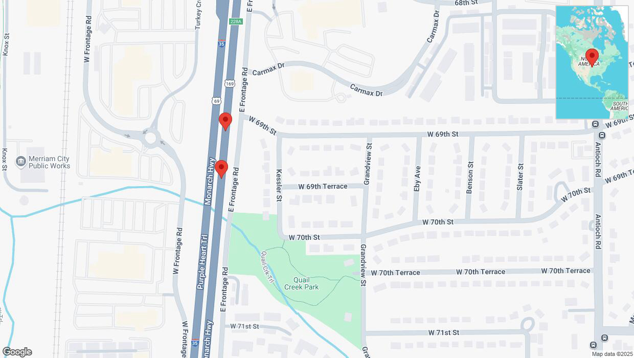 A detailed map that shows the affected road due to 'Broken down vehicle on eastbound I-35 in Overland Park' on March 7th at 5:24 p.m.