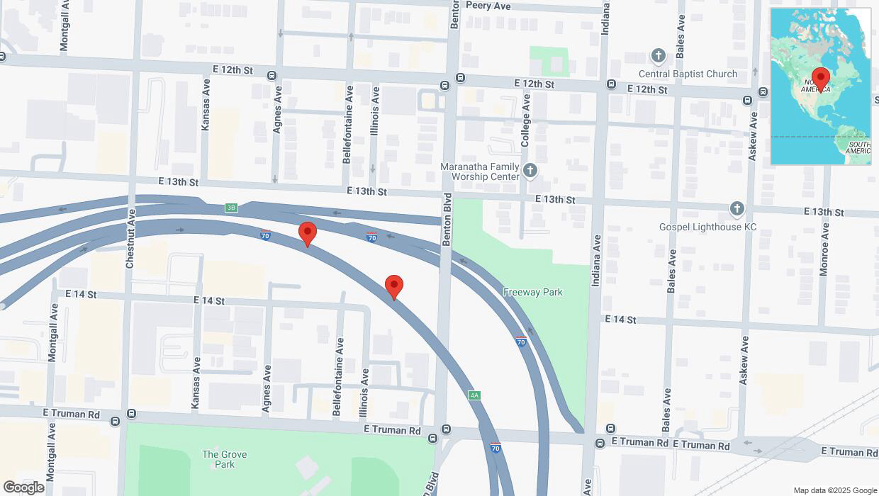 A detailed map that shows the affected road due to 'Broken down vehicle on eastbound I-70 in Kansas City' on March 7th at 6:42 p.m.