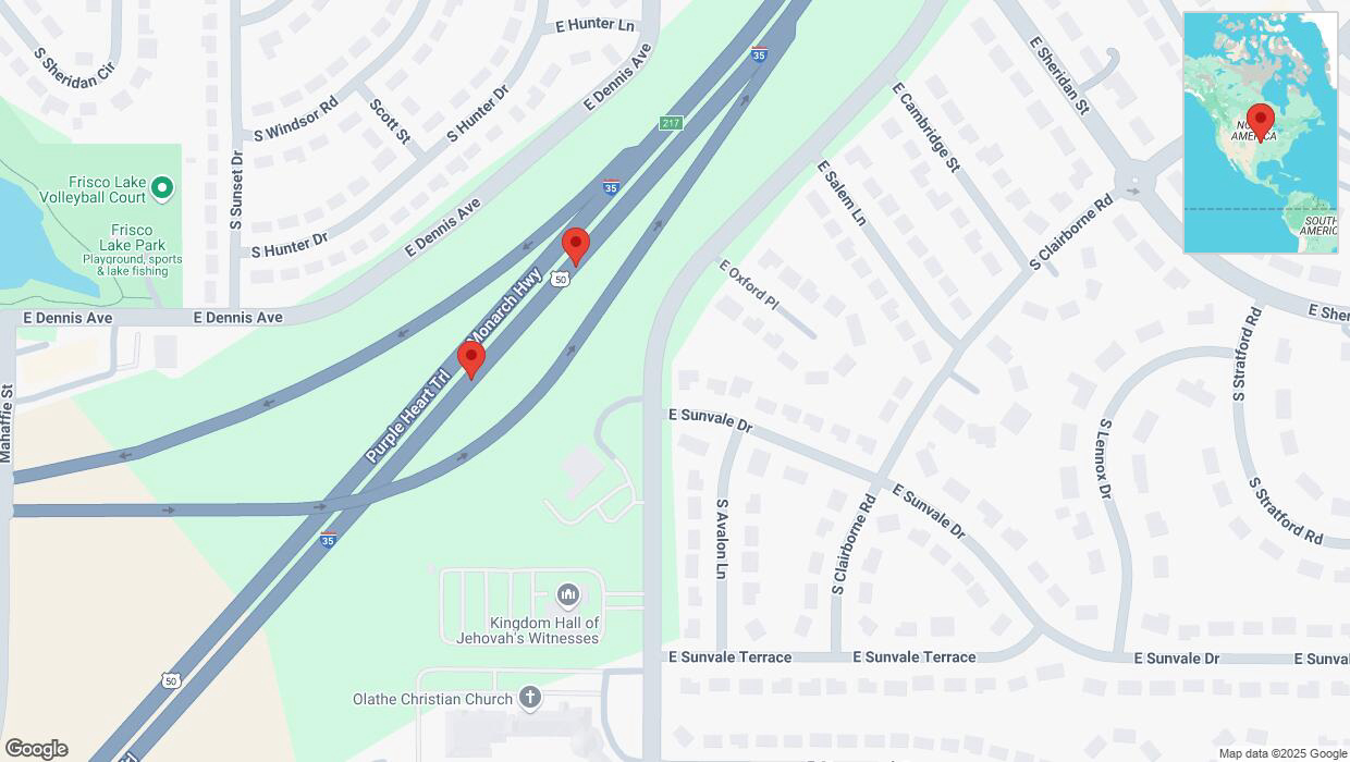 A detailed map that shows the affected road due to 'Broken down vehicle on eastbound I-35 in Olathe' on March 7th at 7:24 p.m.