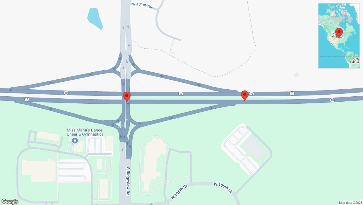 A detailed map that shows the affected road due to 'Broken down vehicle on eastbound K-10 in Olathe' on March 7th at 7:53 p.m.