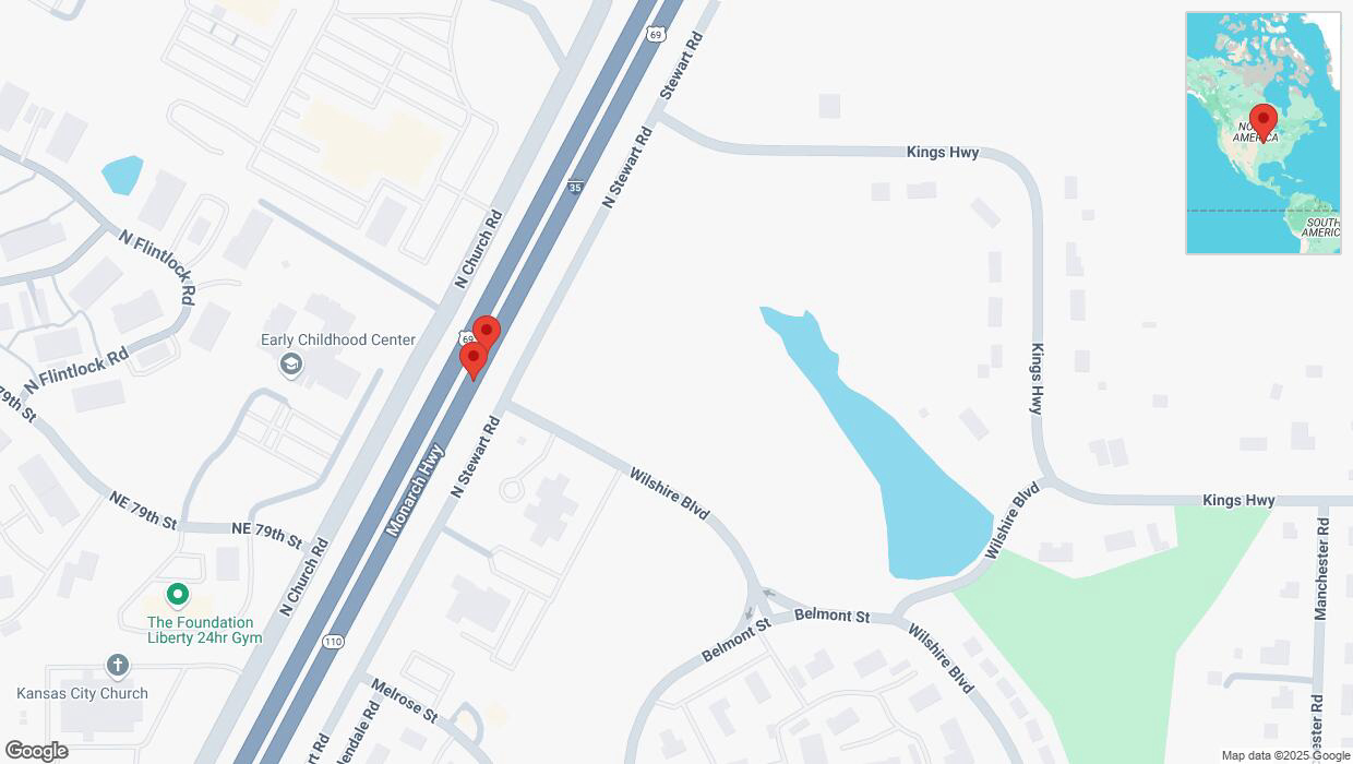 A detailed map that shows the affected road due to 'Broken down vehicle on northbound I-35 in Liberty' on March 7th at 8:30 p.m.