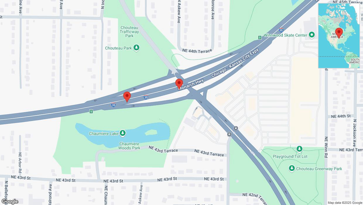 A detailed map that shows the affected road due to 'Broken down vehicle on northbound I-35 in Kansas City' on March 7th at 9:12 p.m.