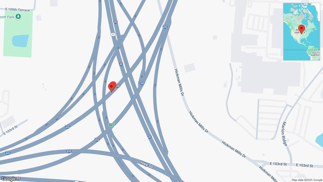 A detailed map that shows the affected road due to 'Broken down vehicle on southbound I-435 in Kansas City' on March 7th at 10:06 p.m.