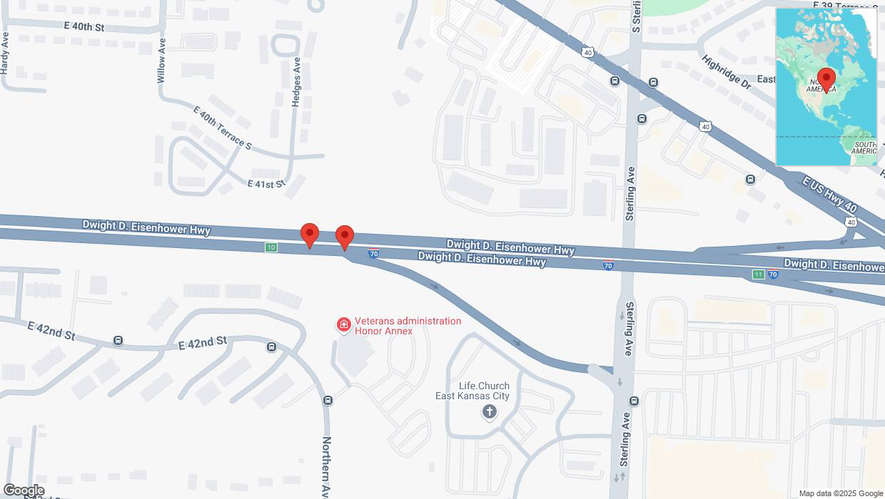 A detailed map that shows the affected road due to 'Broken down vehicle on eastbound I-70 in Kansas City' on March 7th at 11:24 p.m.