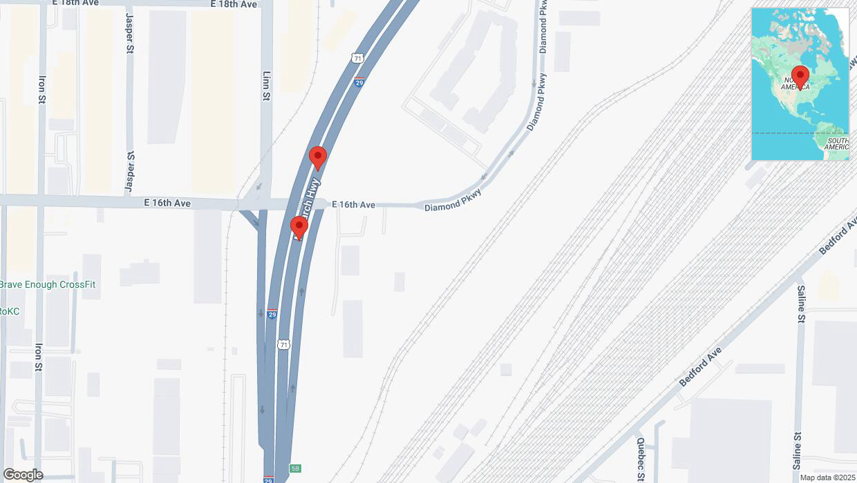 A detailed map that shows the affected road due to 'Broken down vehicle on northbound I-29/I-35 in Kansas City' on March 8th at 1:20 p.m.