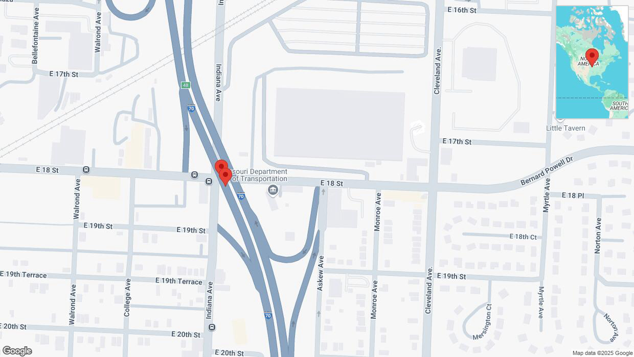 A detailed map that shows the affected road due to 'Broken down vehicle on eastbound I-70 in Kansas City' on March 8th at 1:54 p.m.