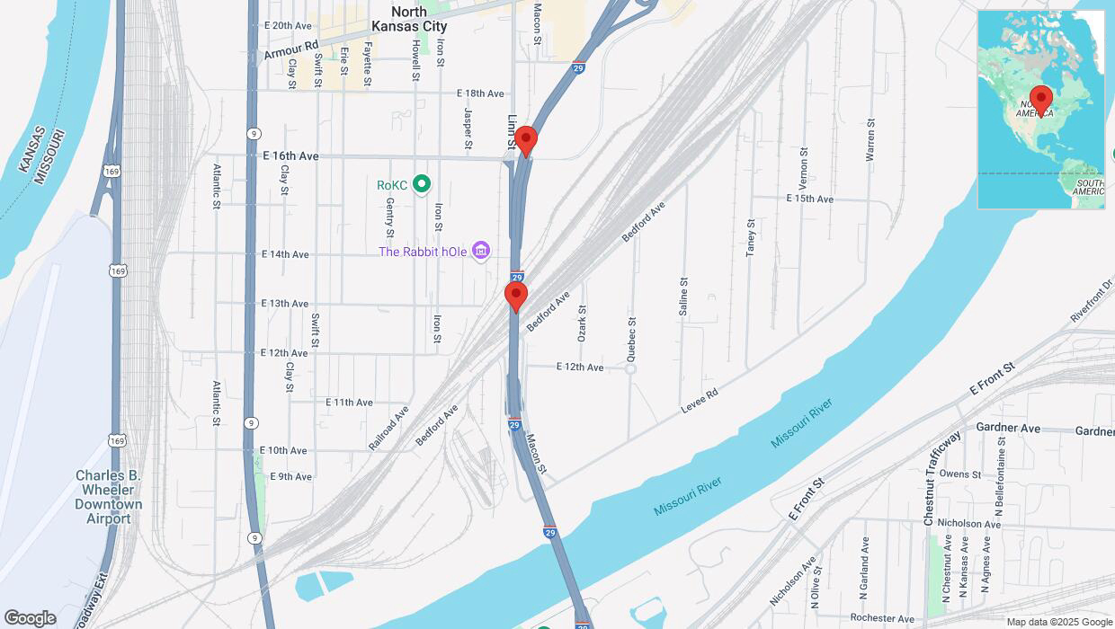 A detailed map that shows the affected road due to 'Broken down vehicle on northbound I-29/I-35 in North Kansas City' on March 8th at 1:54 p.m.