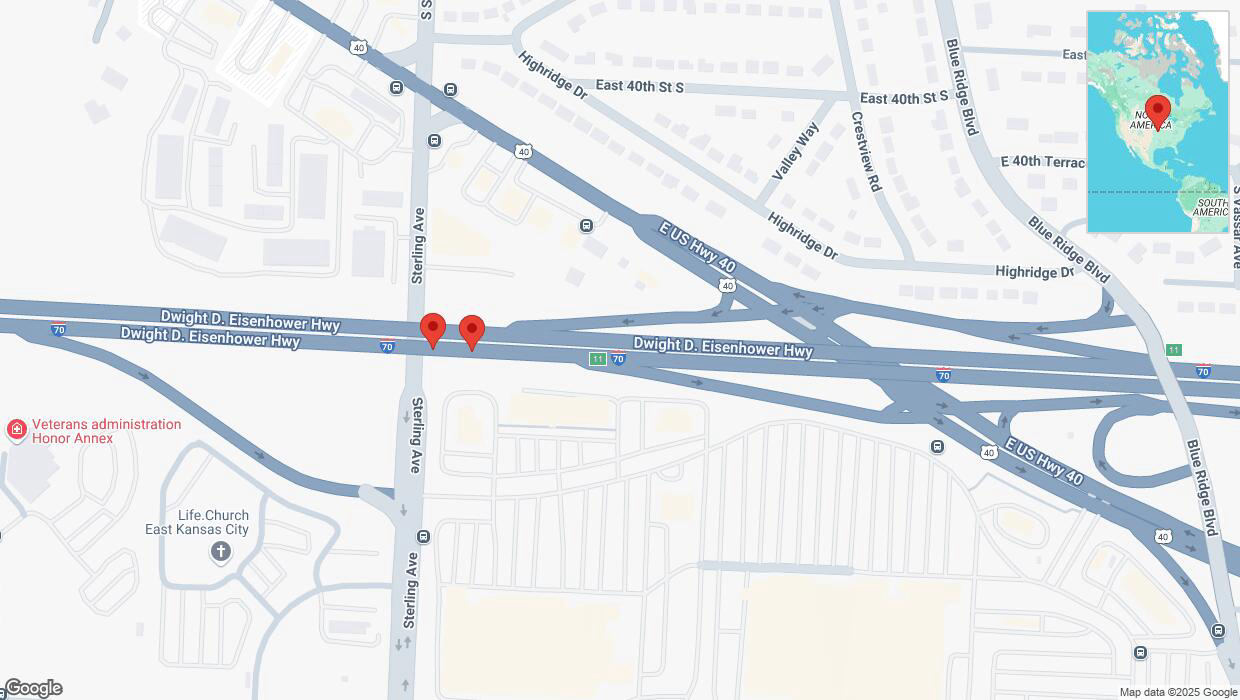A detailed map that shows the affected road due to 'Broken down vehicle on eastbound I-70 in Kansas City' on March 8th at 1:59 p.m.