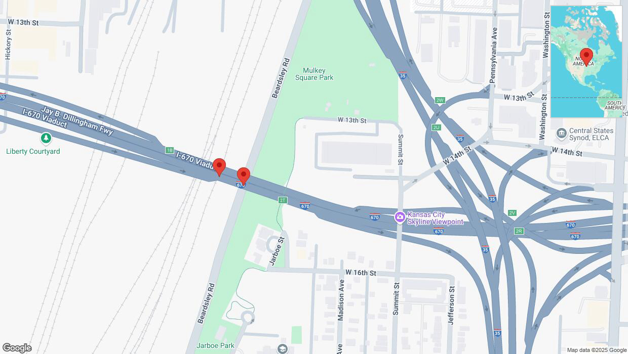 A detailed map that shows the affected road due to 'Broken down vehicle on eastbound I-670 in Kansas City' on March 8th at 2:57 p.m.