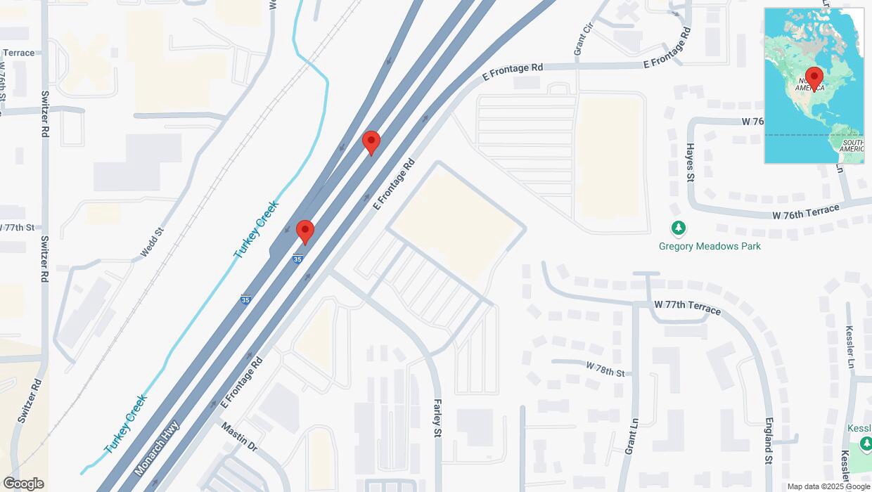 A detailed map that shows the affected road due to 'Broken down vehicle on eastbound I-35 in Overland Park' on March 8th at 4:43 p.m.