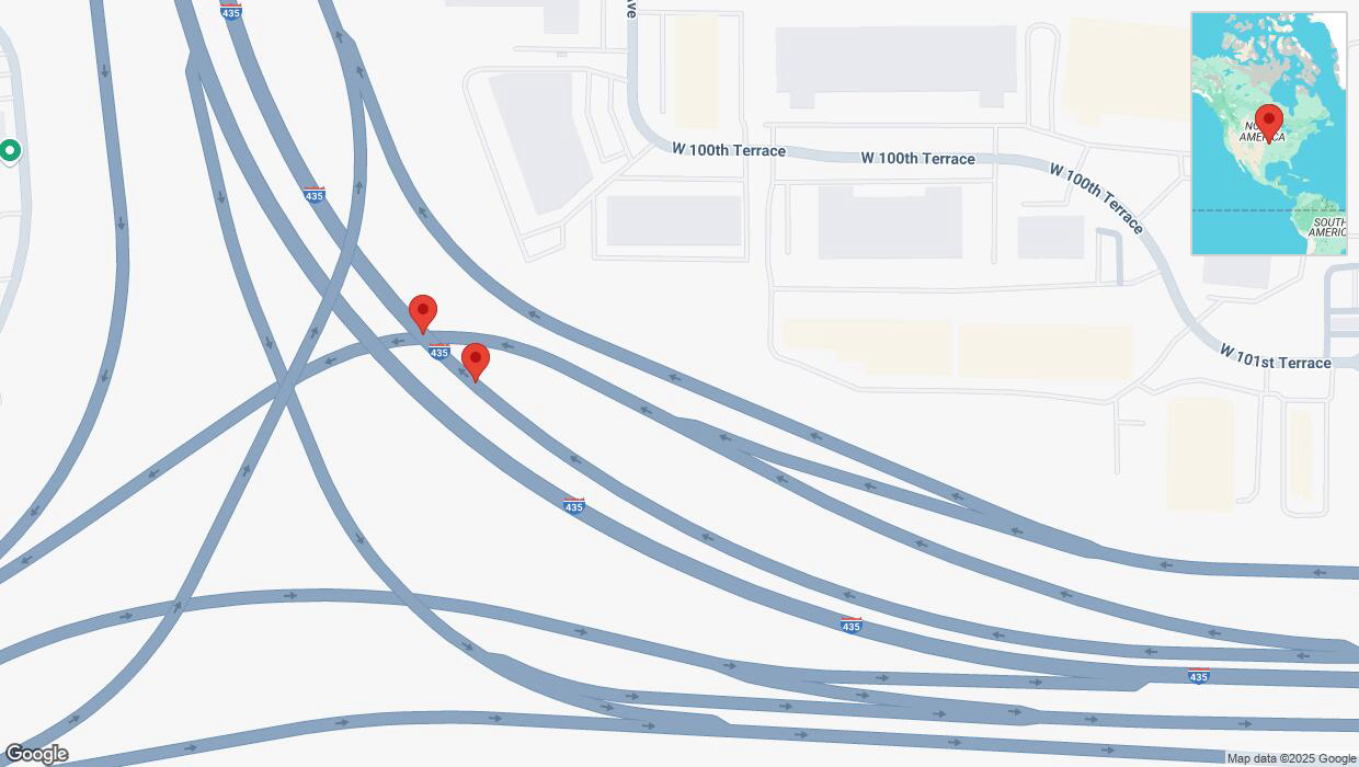 A detailed map that shows the affected road due to 'Broken down vehicle on northbound I-435 in Lenexa' on March 8th at 6:46 p.m.