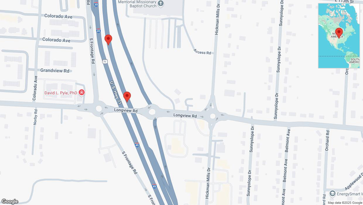 A detailed map that shows the affected road due to 'Broken down vehicle on northbound I-40/US-71 in Kansas City' on March 8th at 4:54 p.m.