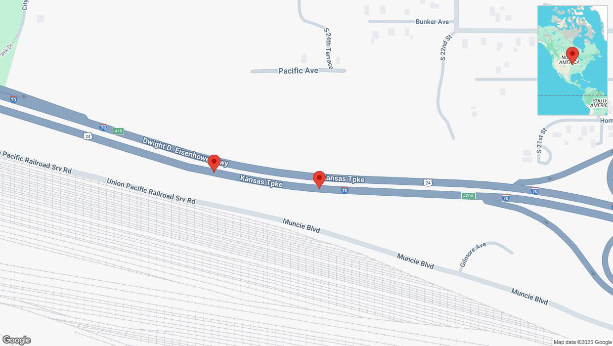 A detailed map that shows the affected road due to 'Broken down vehicle on eastbound I-70 in Kansas City' on March 8th at 10:40 p.m.