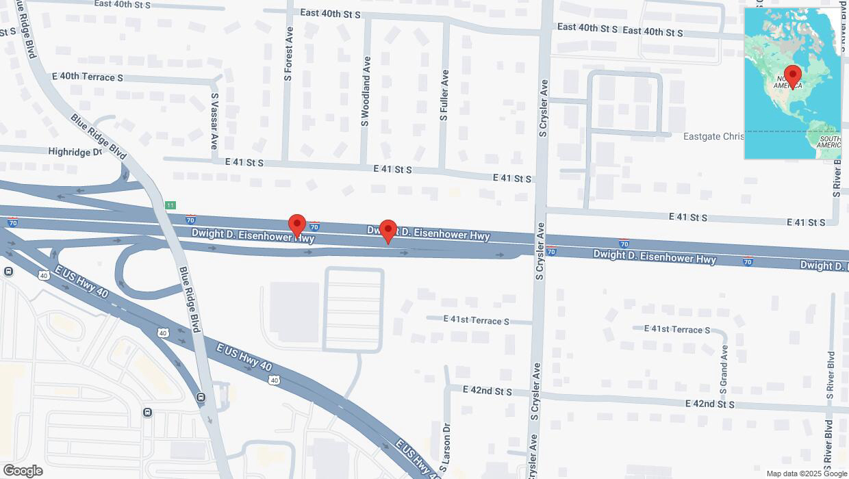 A detailed map that shows the affected road due to 'Broken down vehicle on eastbound I-70 in Independence' on March 8th at 11:53 p.m.