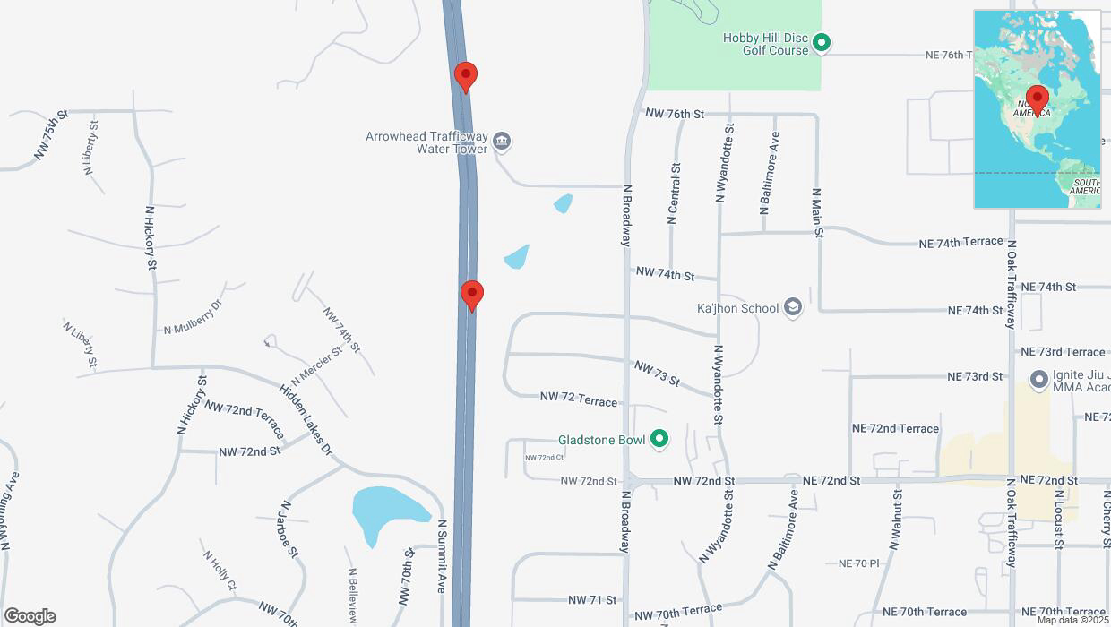 A detailed map that shows the affected road due to 'Broken down vehicle on northbound US-169 in Kansas City' on March 9th at 3:55 p.m.