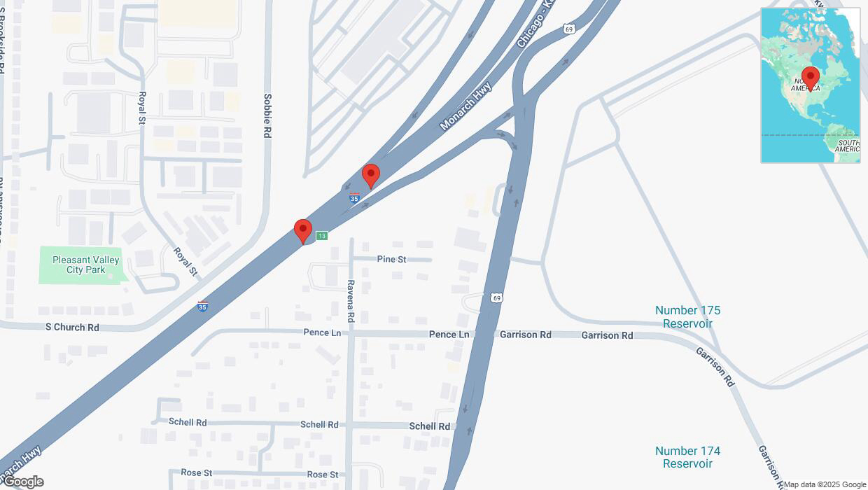 A detailed map that shows the affected road due to 'Broken down vehicle on northbound I-35 in Pleasant Valley' on March 9th at 6:19 p.m.