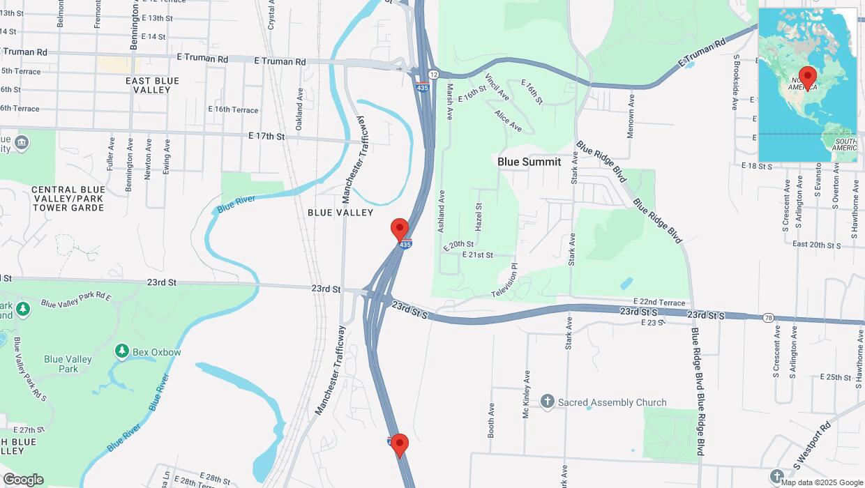A detailed map that shows the affected road due to 'Reports of a crash on southbound I-435' on March 9th at 7:05 p.m.