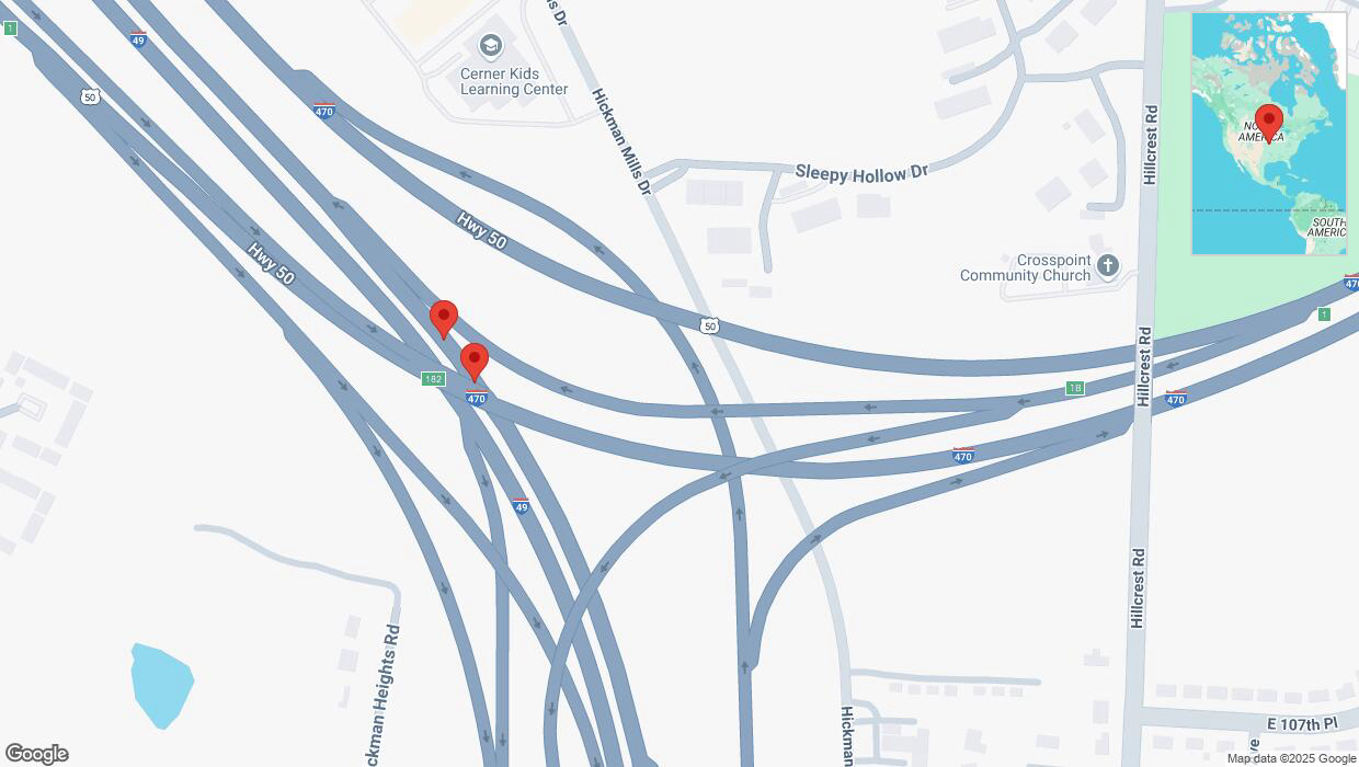 A detailed map that shows the affected road due to 'Broken down vehicle on northbound I-40/US-71 in Kansas City' on March 9th at 7:38 p.m.