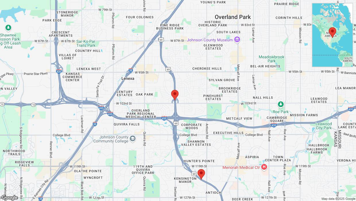 A detailed map that shows the affected road due to 'Lane on US-69 closed in Overland Park' on March 18th at 3:04 p.m.