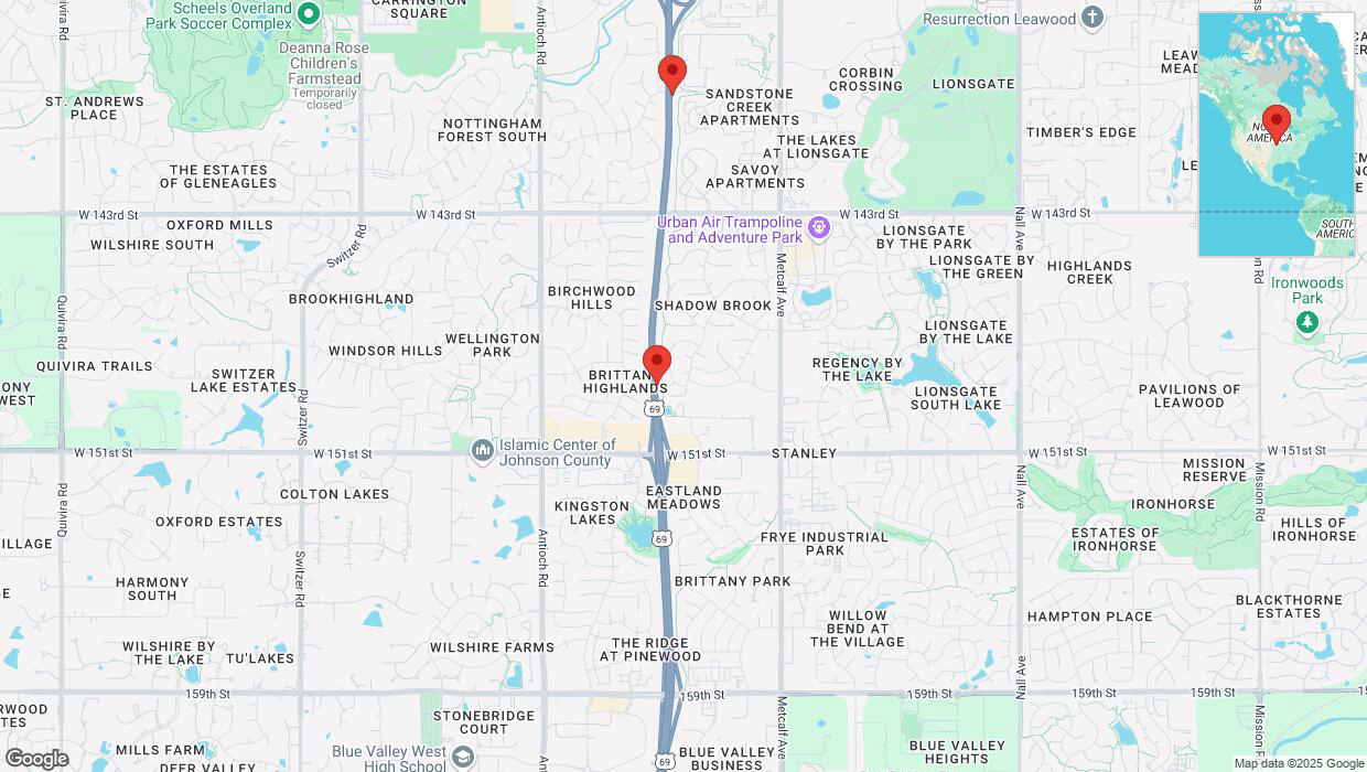 A detailed map that shows the affected road due to 'Lane on US-69 closed in Overland Park' on March 10th at 3:46 p.m.