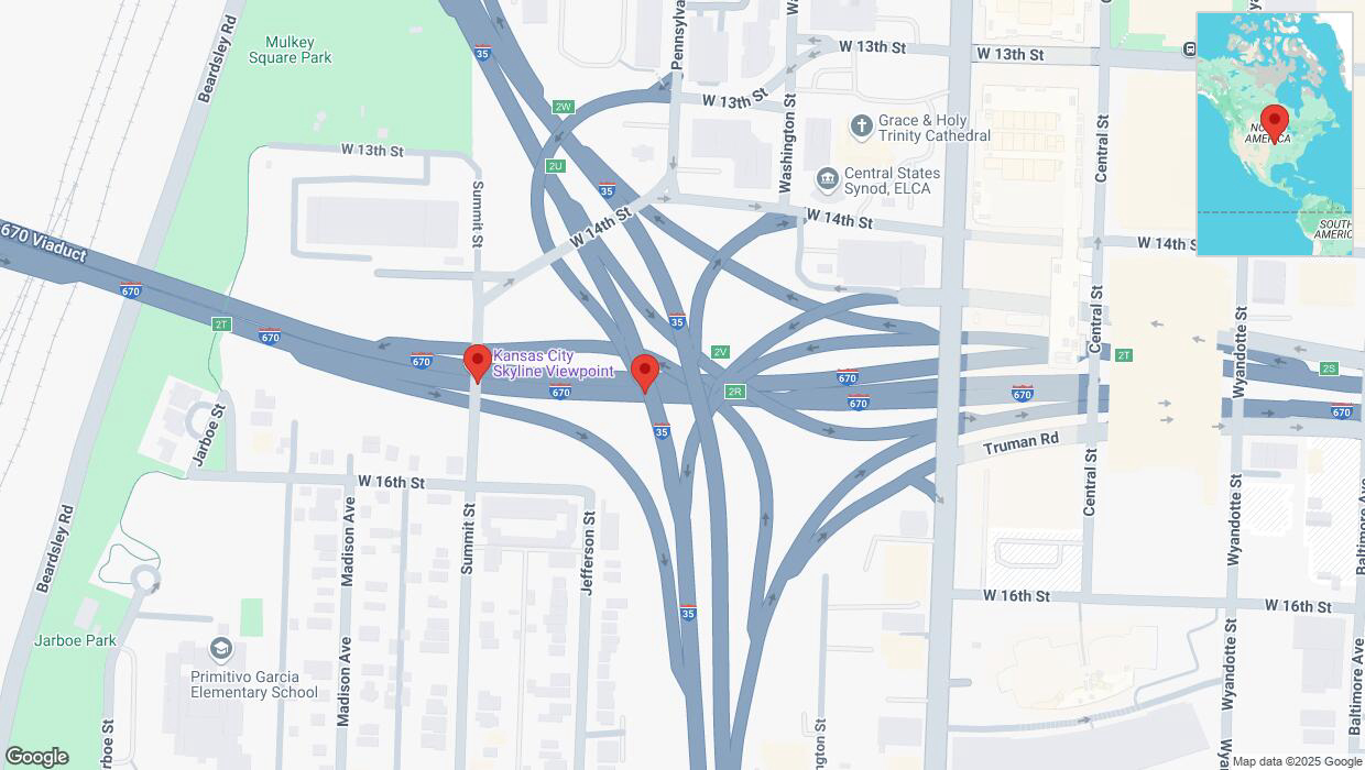 A detailed map that shows the affected road due to 'Broken down vehicle on eastbound I-670 in Kansas City' on March 10th at 1:13 p.m.