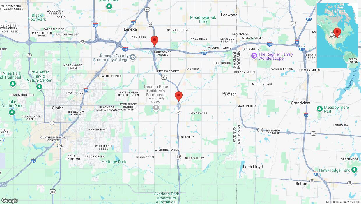 A detailed map that shows the affected road due to 'Lane on US-69 closed in Overland Park' on March 11th at 1:49 p.m.