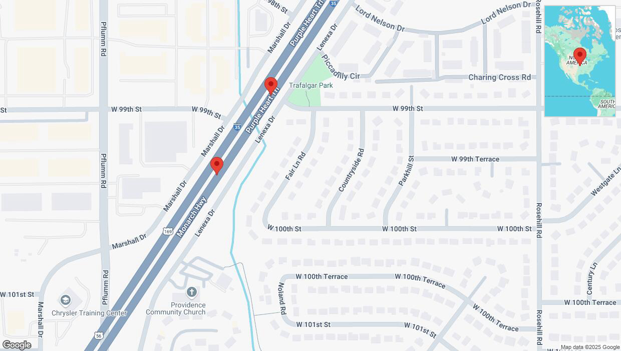 A detailed map that shows the affected road due to 'Broken down vehicle on eastbound I-35 in Lenexa' on March 10th at 2:21 p.m.