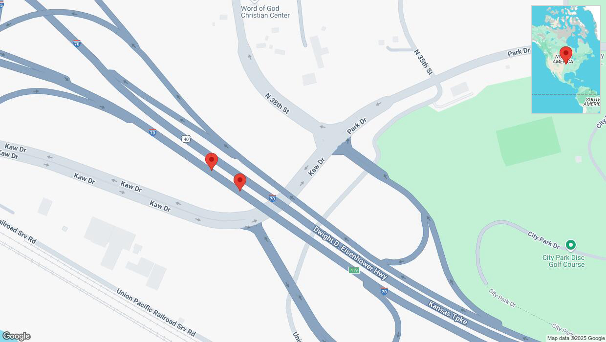 A detailed map that shows the affected road due to 'Broken down vehicle on eastbound I-70 in Kansas City' on March 10th at 3:40 p.m.