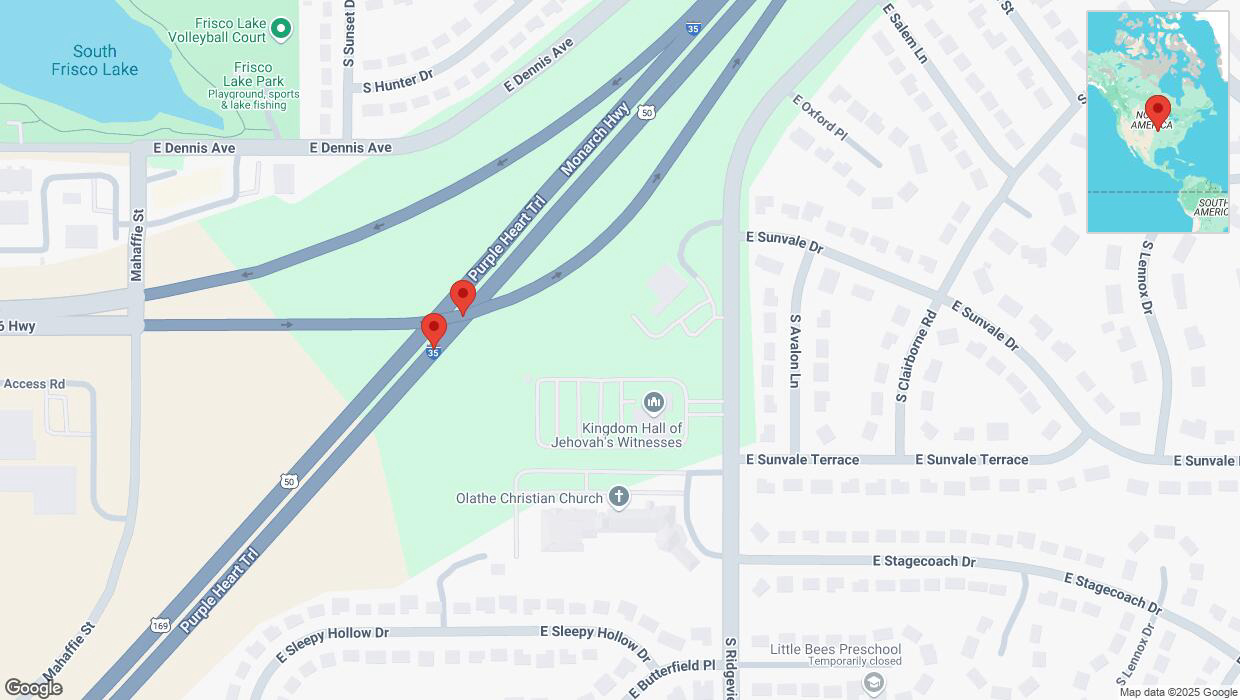 A detailed map that shows the affected road due to 'Broken down vehicle on eastbound I-35 in Olathe' on March 10th at 6:30 p.m.