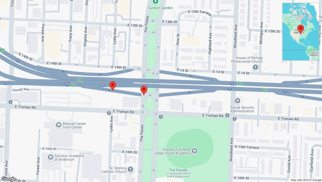 A detailed map that shows the affected road due to 'Kansas City: East Truman Road temporarily closed' on March 10th at 3:35 p.m.