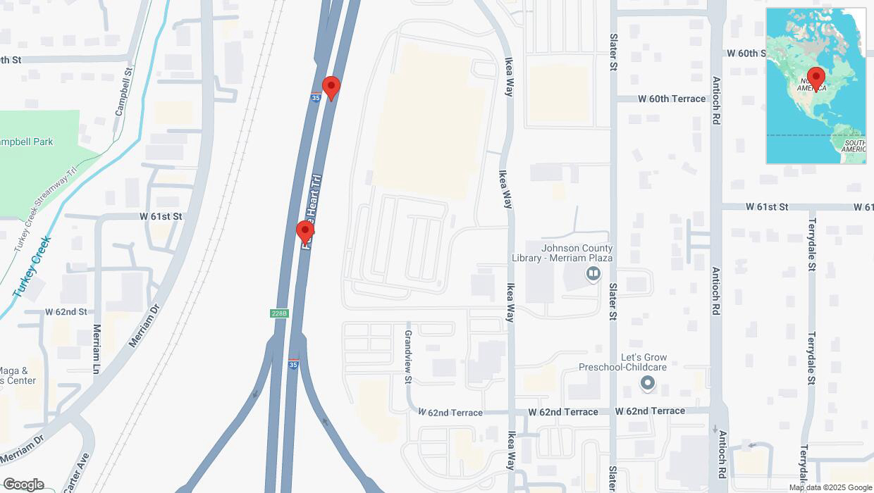 A detailed map that shows the affected road due to 'Broken down vehicle on northbound I-35 in Merriam' on March 10th at 4:49 p.m.