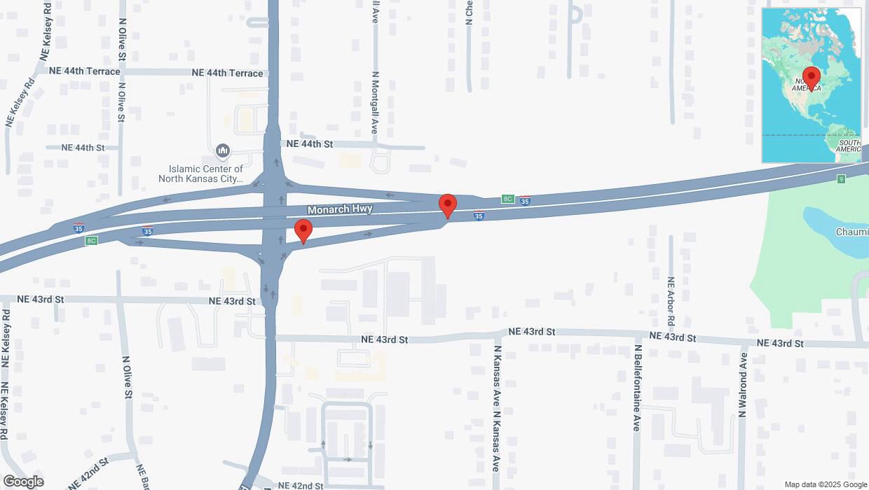 A detailed map that shows the affected road due to 'Broken down vehicle on Northeast 43rd Street in Kansas City' on March 10th at 4:44 p.m.