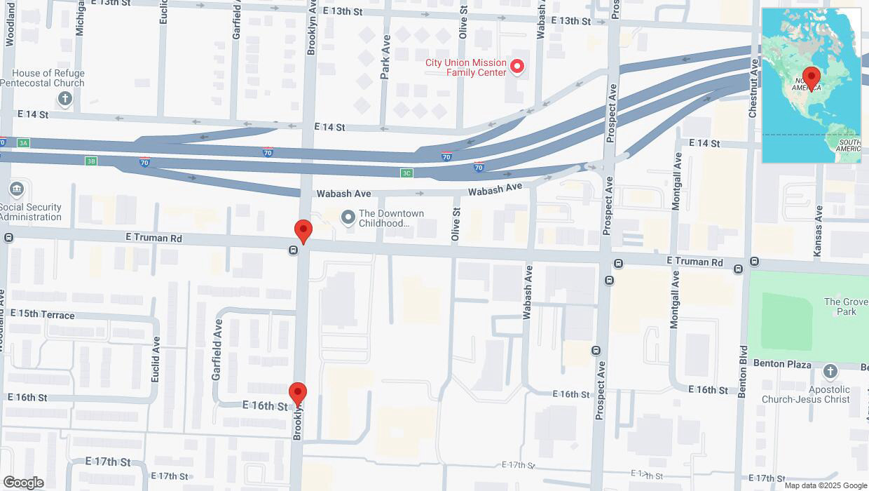 A detailed map that shows the affected road due to 'Kansas City: East Truman Road temporarily closed' on March 10th at 4:49 p.m.