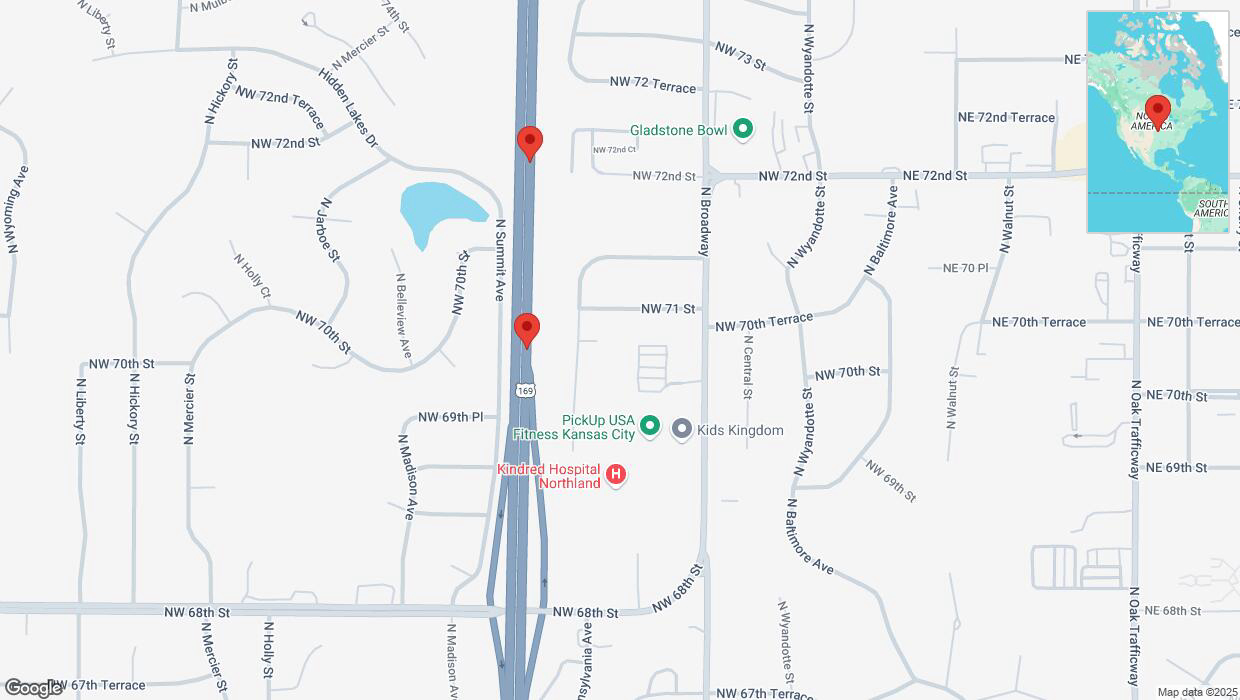 A detailed map that shows the affected road due to 'Broken down vehicle on northbound US-169 in Kansas City' on March 10th at 6:13 p.m.