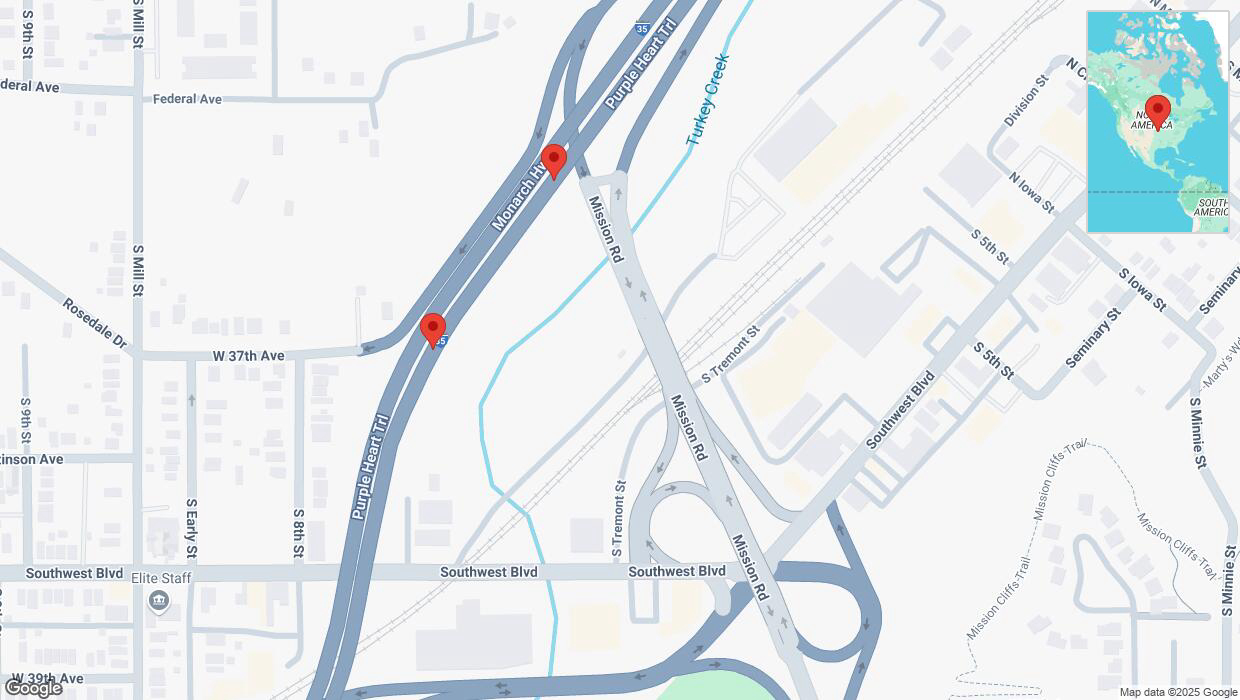 A detailed map that shows the affected road due to 'Broken down vehicle on northbound I-35 in Kansas City' on March 10th at 6:53 p.m.