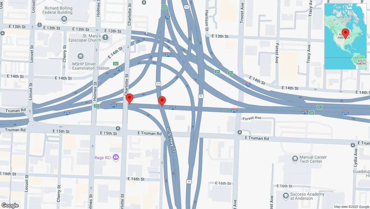 A detailed map that shows the affected road due to 'Broken down vehicle on eastbound I-670 in Kansas City' on March 10th at 7:22 p.m.