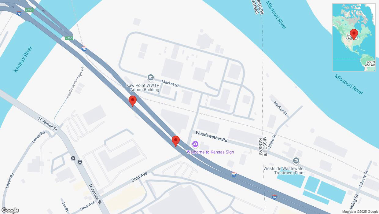A detailed map that shows the affected road due to 'Broken down vehicle on eastbound I-70 in Kansas City' on March 10th at 9:11 p.m.