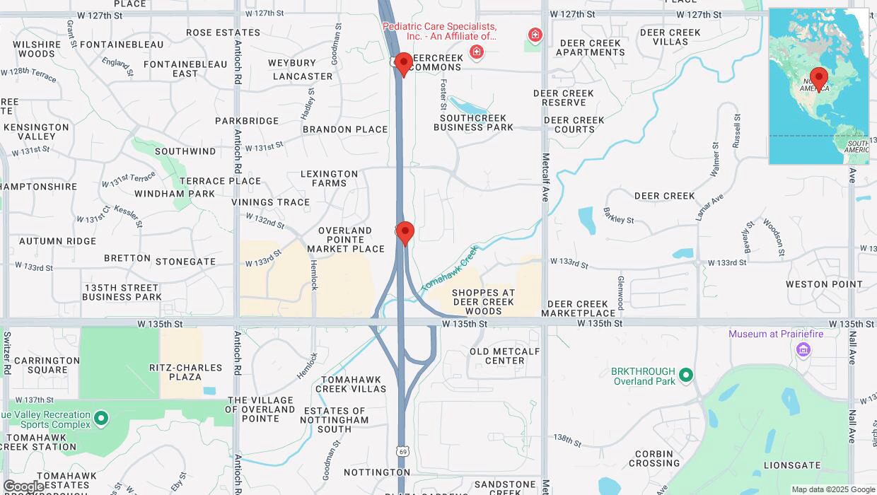 A detailed map that shows the affected road due to 'Lane on US-69 closed in Overland Park' on March 10th at 9:46 p.m.