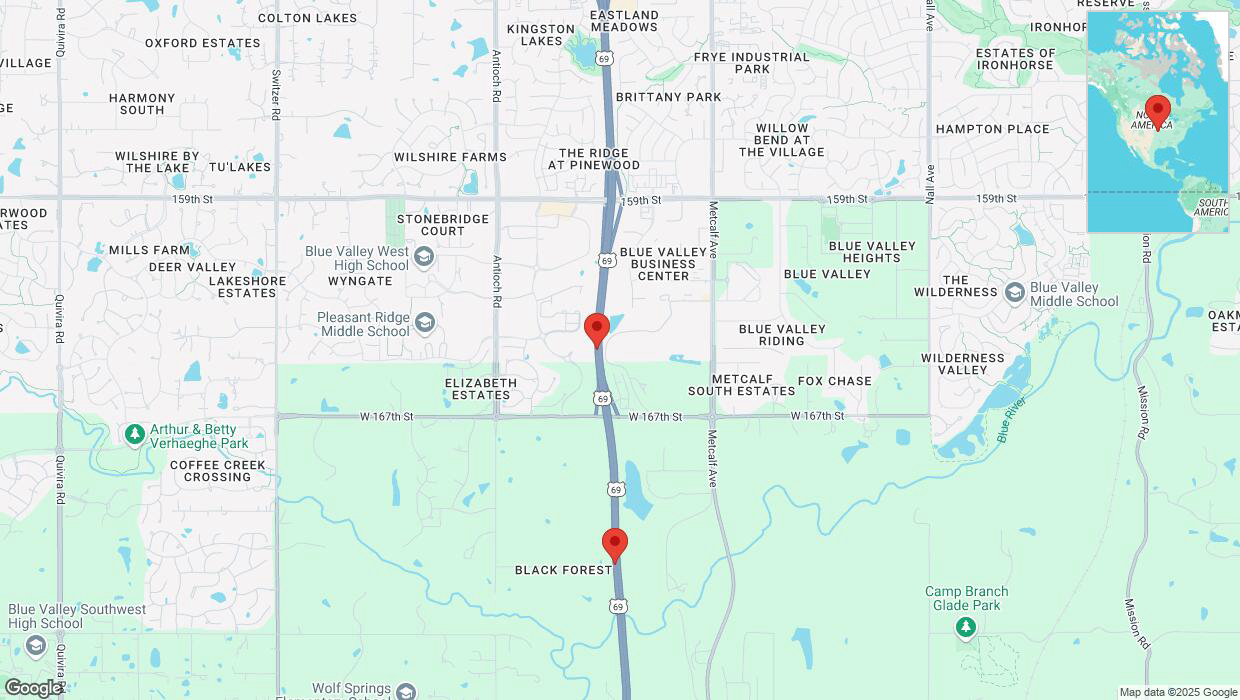 A detailed map that shows the affected road due to 'Lane on US-69 closed in Overland Park' on March 18th at 5:08 p.m.