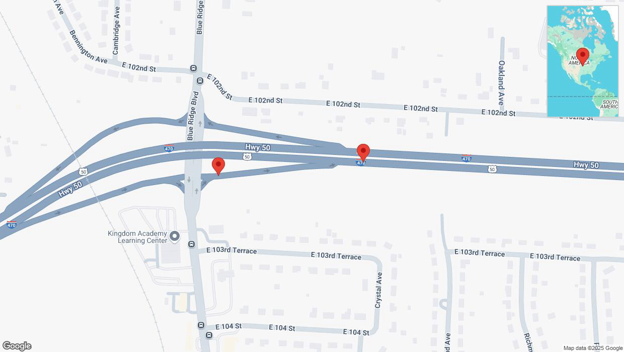 A detailed map that shows the affected road due to 'Kansas City: Blue Ridge Boulevard temporarily closed' on March 11th at 3:33 p.m.