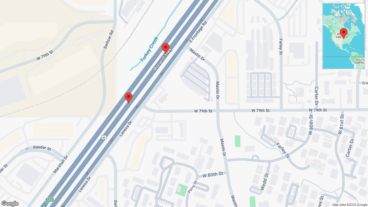 A detailed map that shows the affected road due to 'Broken down vehicle on eastbound I-35 in Overland Park' on March 11th at 6:29 p.m.