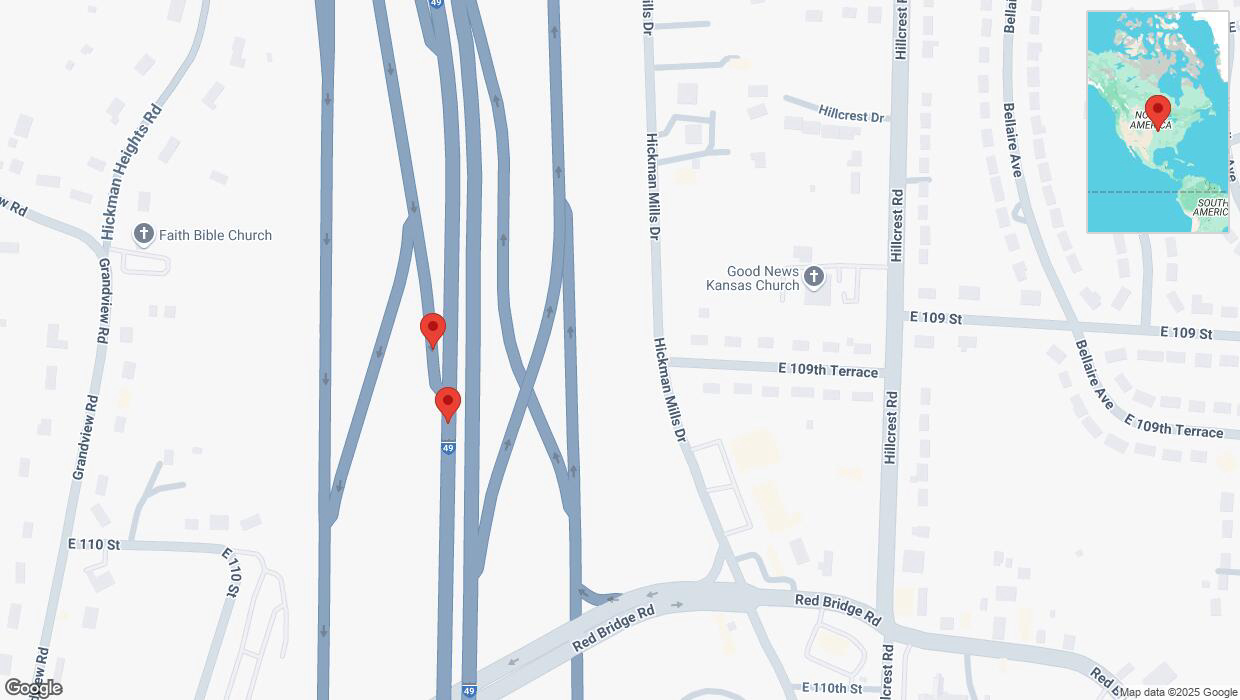 A detailed map that shows the affected road due to 'Broken down vehicle on the U. S. Highway 71 in Kansas City' on March 11th at 10:48 p.m.