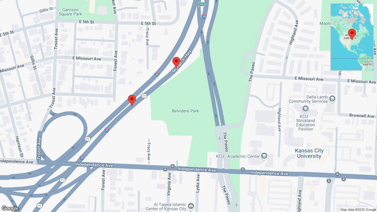 A detailed map that shows the affected road due to 'Broken down vehicle on northbound I-35 in Kansas City' on March 17th at 7:17 p.m.