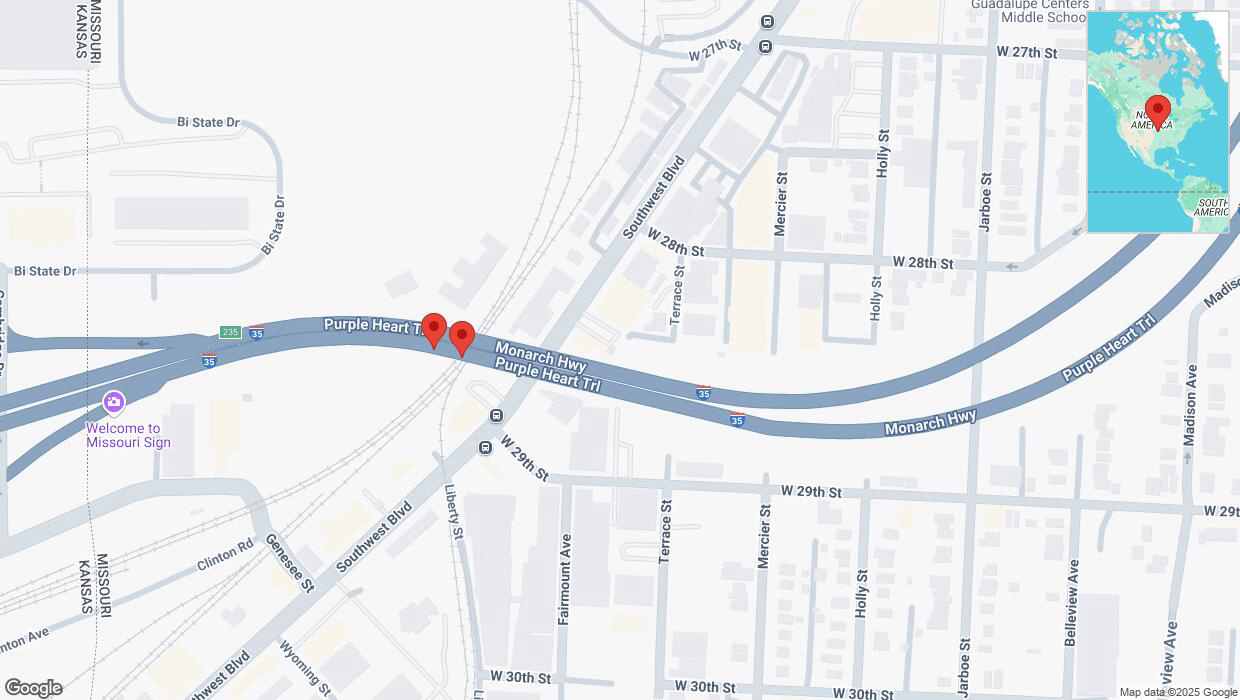 A detailed map that shows the affected road due to 'Broken down vehicle on northbound I-35 in Kansas City' on March 11th at 6:29 p.m.