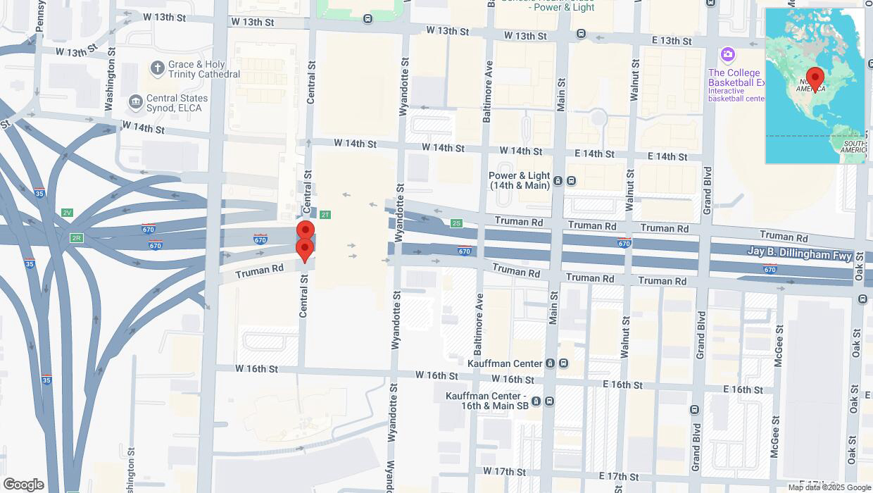 A detailed map that shows the affected road due to 'Broken down vehicle on Central Street in Kansas City' on March 11th at 7:04 p.m.