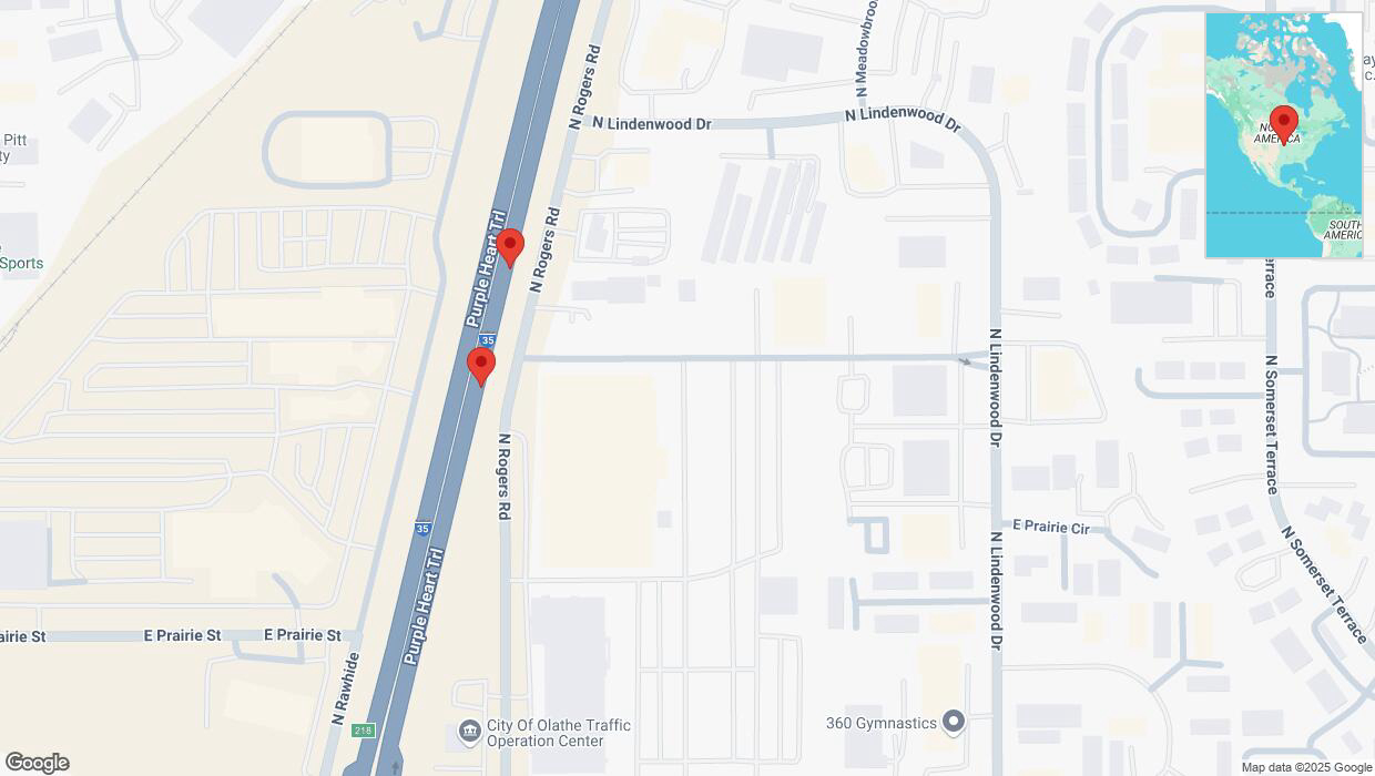 A detailed map that shows the affected road due to 'Broken down vehicle on eastbound I-35 in Olathe' on March 17th at 1:46 p.m.