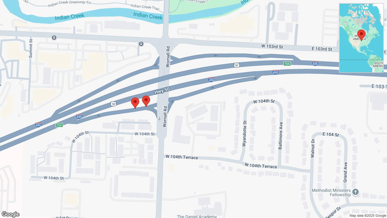 A detailed map that shows the affected road due to 'Broken down vehicle on West 104th Street in Kansas City' on March 11th at 7:54 p.m.