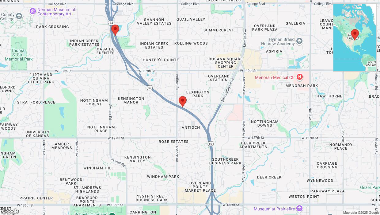 A detailed map that shows the affected road due to 'Lane on US-69 closed in Overland Park' on March 11th at 8:52 p.m.