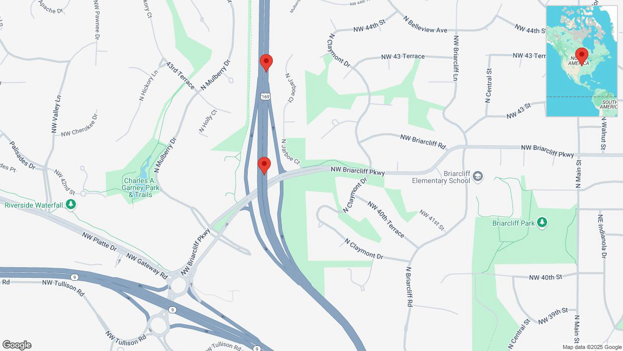 A detailed map that shows the affected road due to 'Broken down vehicle on northbound US-169 in Kansas City' on March 11th at 9:27 p.m.