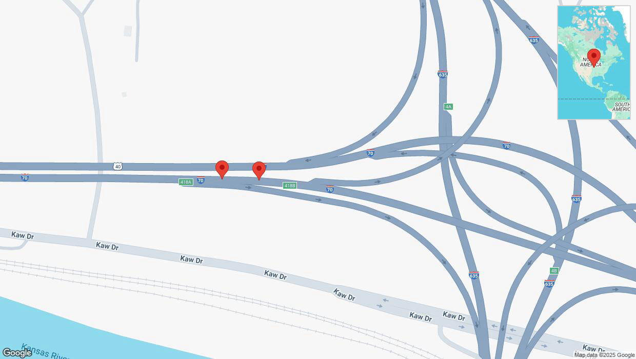 A detailed map that shows the affected road due to 'Broken down vehicle on eastbound I-70 in Kansas City' on March 18th at 3:57 p.m.